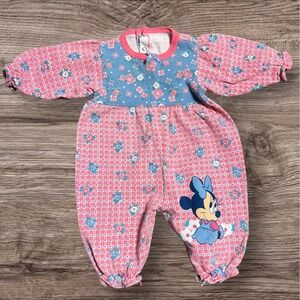 Vintage 90s Disney Kids Mickey & Minnie Floral Pink Bubble Romper 6/12 Months